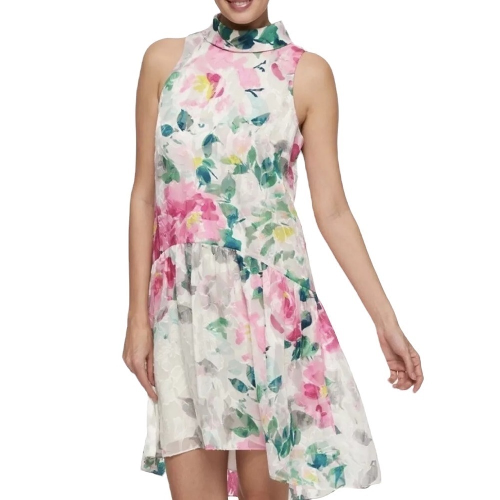 Eliza J Crepe de Chine Pink Dropped Waist Dress Open Back Subtle High Low Sz 10